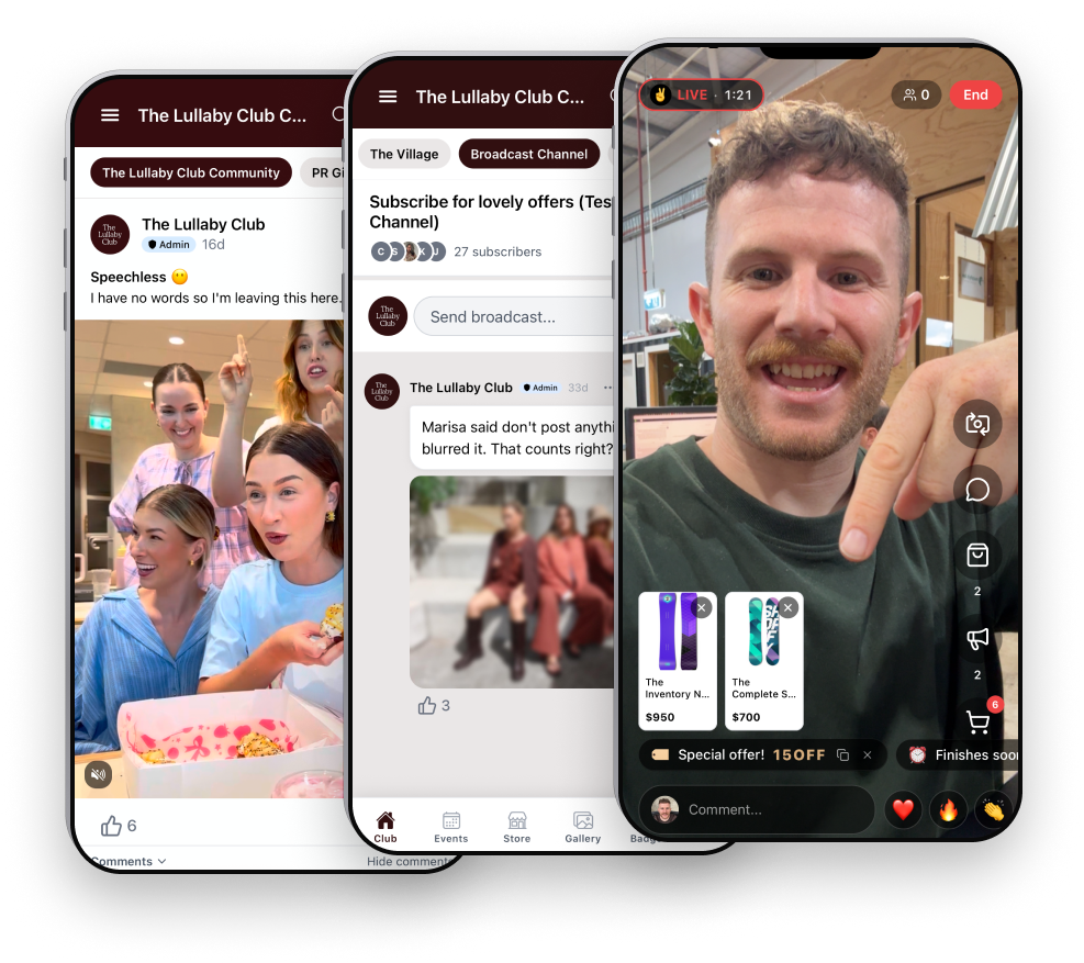 Native commerce inside an InClub community — product detail page and store grid